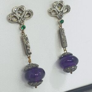 Emerald, Diamonds & Amethyst Earrings Antique 14K White Gold